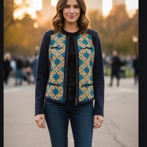 Bonnie Alex Dark Blue Jacket with Vibrant Geometric Design Size S/M 66